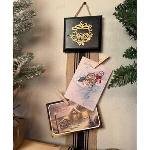 Seasons Greetings Holiday Card Holder Black Wooden Topper Brown Burlap Ribbon